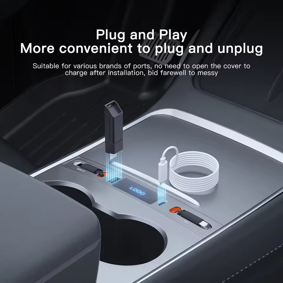 Schnellladegerät für Mittelkonsole – USB-C Lade-Dock & USB Splitter Hub, Kompatibel mit Tesla M3/Y (Highland 2024–2025 & Standard 2021–2024), intelligenter Adapter mit Strom-Verlängerungskabel