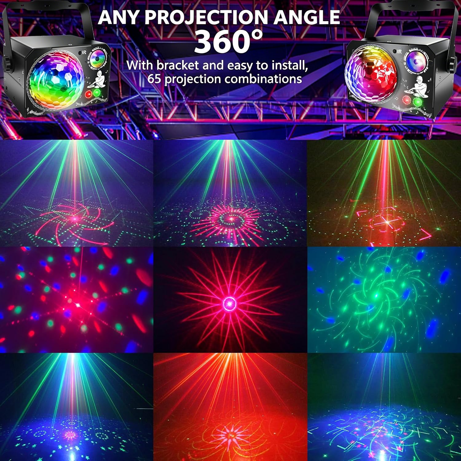 4-in-1 Discokugel, DJ-Disco- und Partylicht (65 Muster), musikgesteuertes Disco-Partylicht, RGB/UV/Stroboskop, sprachgesteuerte Partyleuchte für Partys, Festivals, Clubs, Halloween und Weihnachten