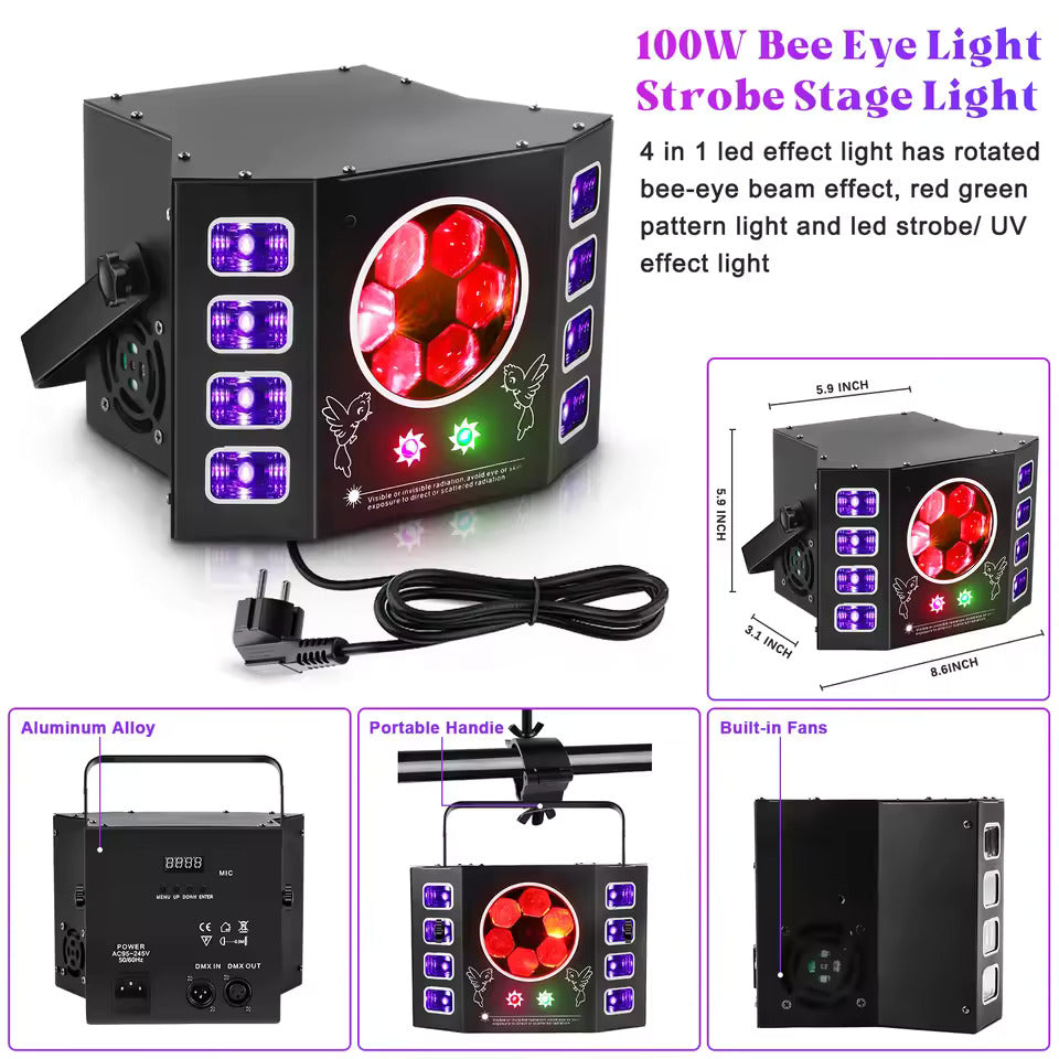 100W Bienenauge Stroboskop Bühnenstrahler 4-in-1 RGBW LED Effektlicht DMX512 DJ-Lichteffekt für Disco Party  Konzert Nachtclub