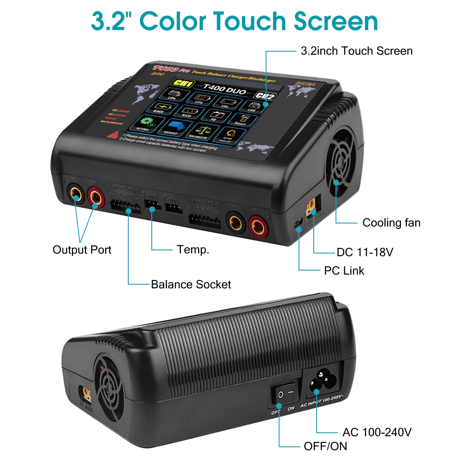 NOEIFEVO T400 Pro Caricabatterie e Scaricabatterie RC a Doppio Canale DC 400W AC 200W 12A per Batterie LiHV LiFe Li-ion NiCd NiMh Pb LiPo