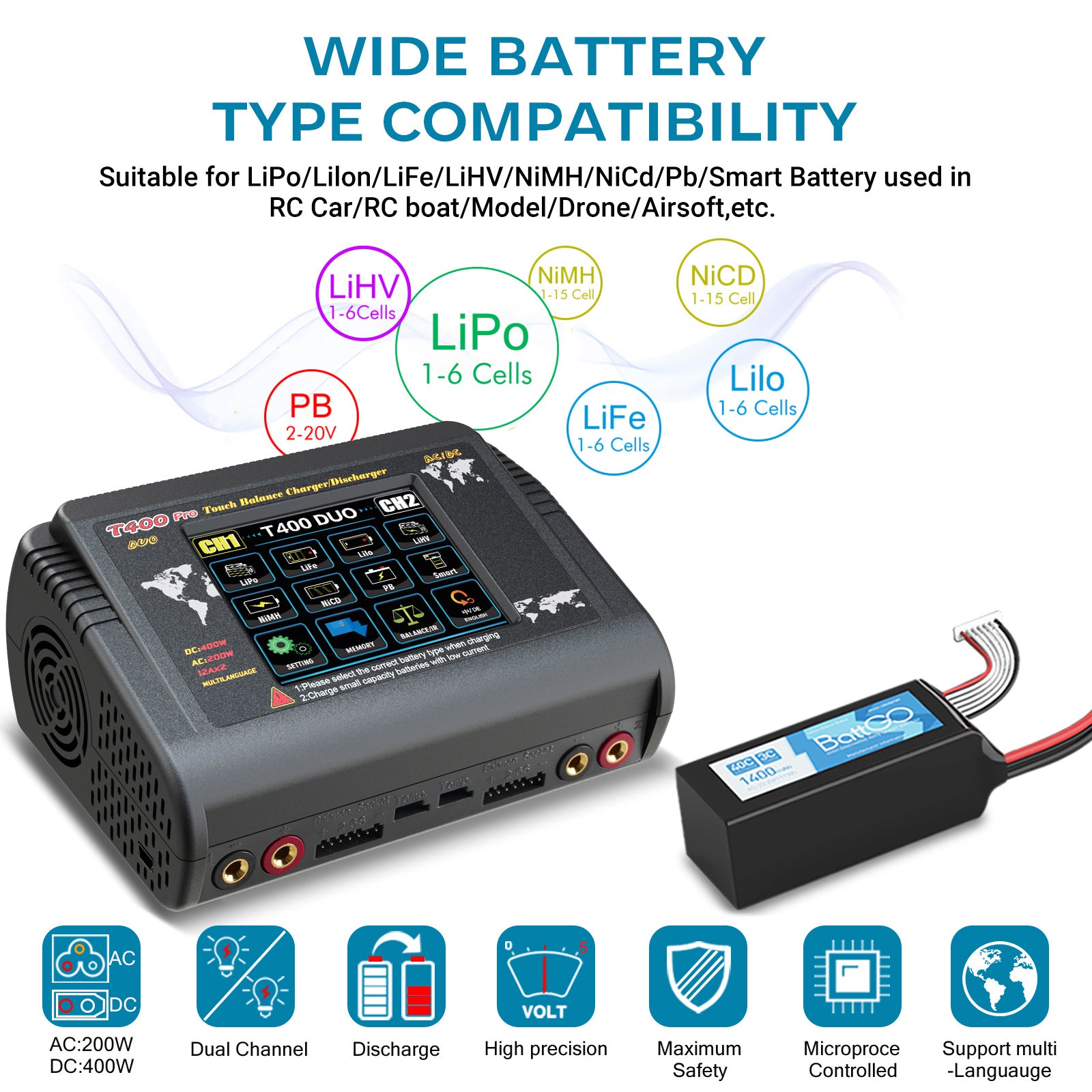 NOEIFEVO T400 Pro Caricabatterie e Scaricabatterie RC a Doppio Canale DC 400W AC 200W 12A per Batterie LiHV LiFe Li-ion NiCd NiMh Pb LiPo