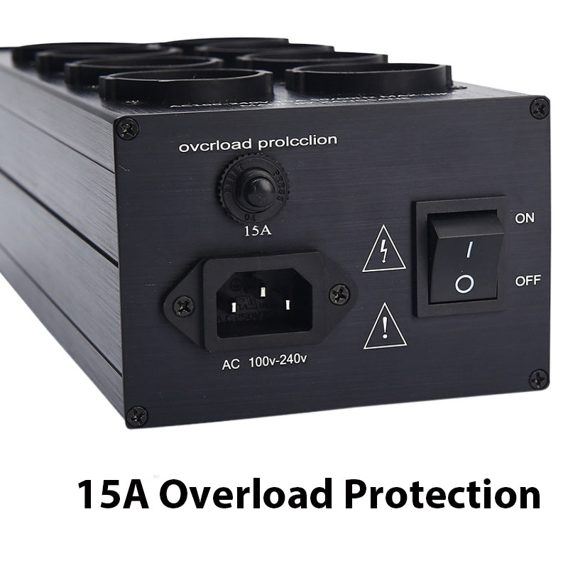 Stroomfilter-stopcontact met ruisonderdrukking, overbelastingsbeveiliging, spanningsweergave en audioversterker, Europees stopcontact