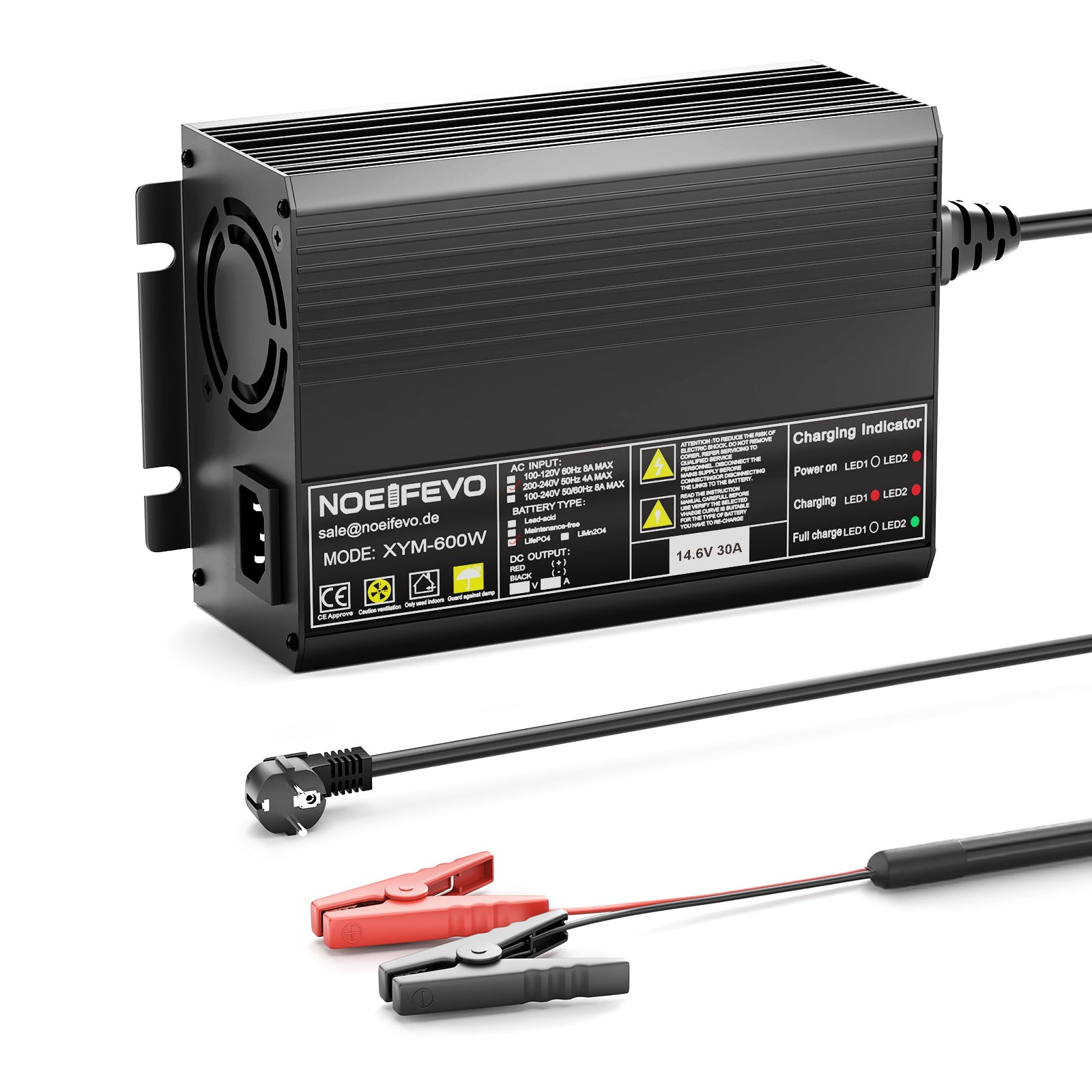 Noeifevo 12V 12,8V 30A Lithium LiFePO4 batteriladdare, laddningsspänning 14,6V, 0V BMS aktivering, automatisk avstängning, aluminiumhus