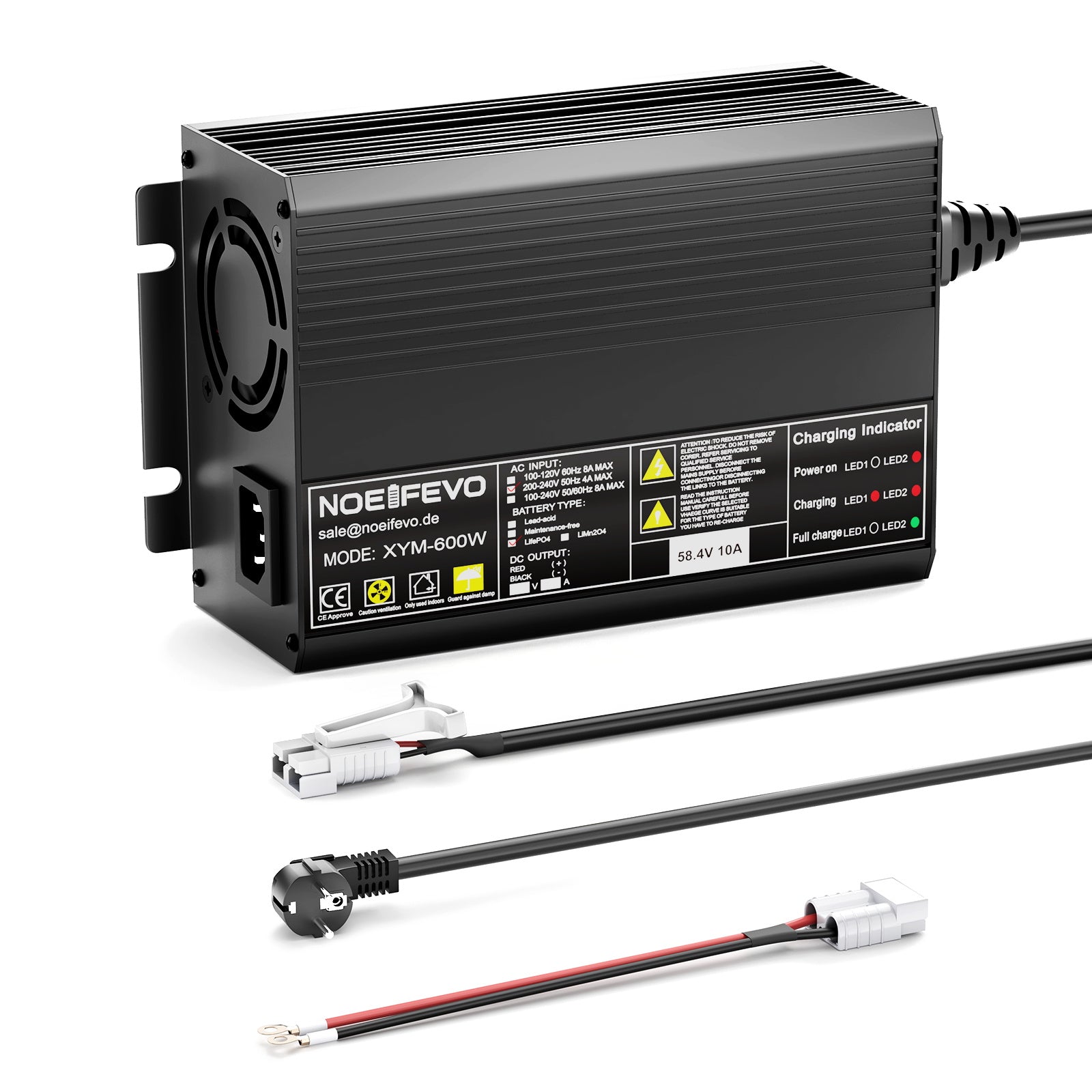 NOEIFEVO 58.4V 10A LiFePO4 batteriladdare för 51.2V(48V) 16S litiumbatteri för golfbilar, husbilar och elektriska fiskemotorer