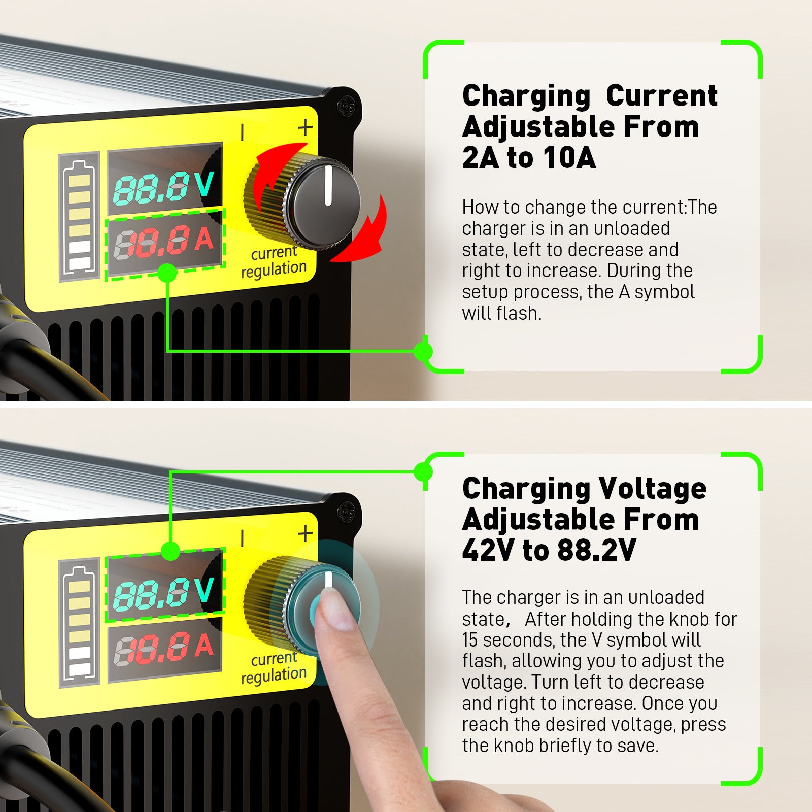 NOEIFEVO 10A Corrente 42V-88.2V Tensão Ajustável Li-ion LiFePO4 Carregador de Lítio Para Bateria 36V 48V 60V 72V 84V