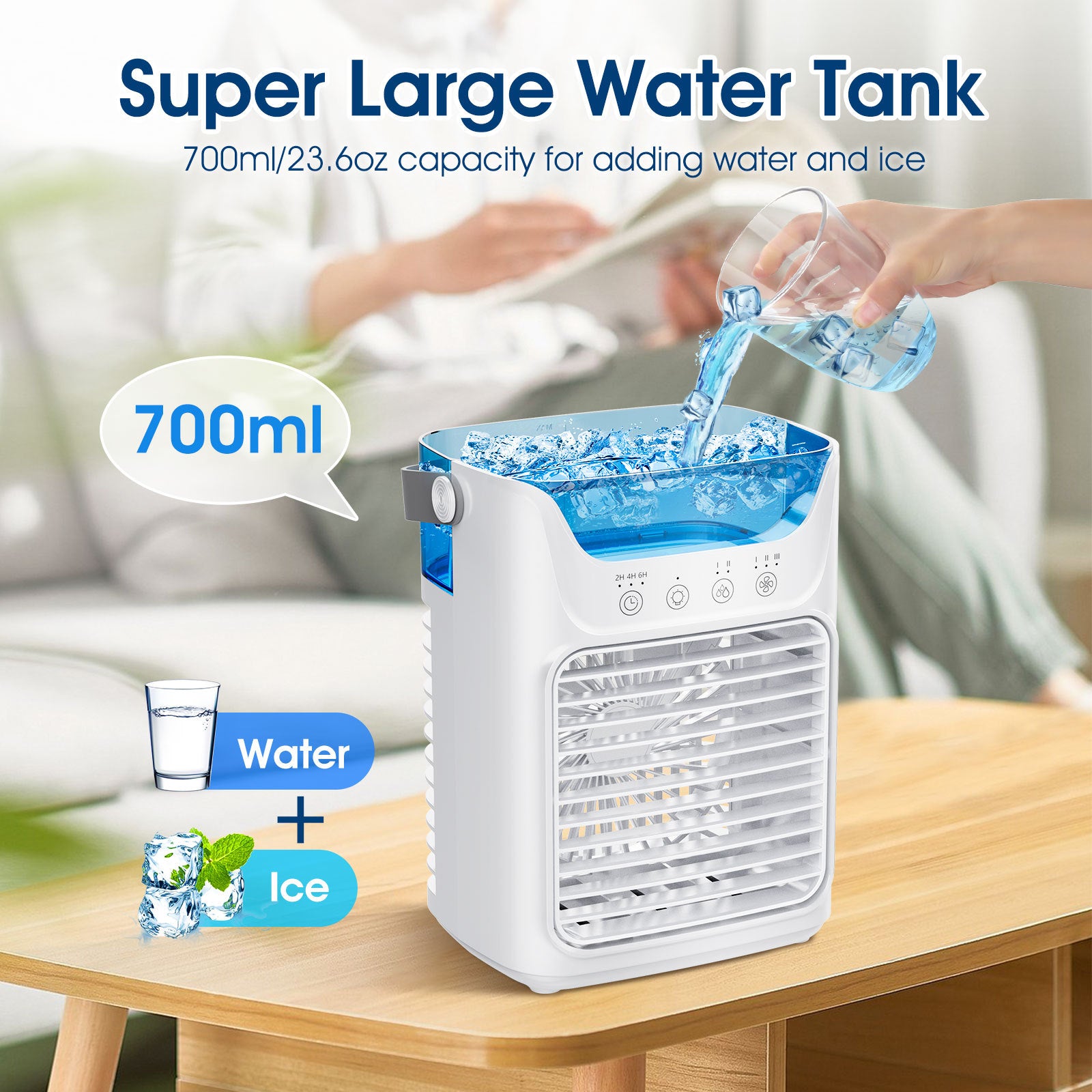 Kannettava ilmastointilaite, 700 ml mini-ilmastointilaite, kannettava 4-in-1 USB-ilmastointilaite, jossa 2/4/6 tunnin ajastin, 3 nopeutta ja 2 sumutilaa, 7 väriä, mini-ilmankostutin kotiin, toimistoon