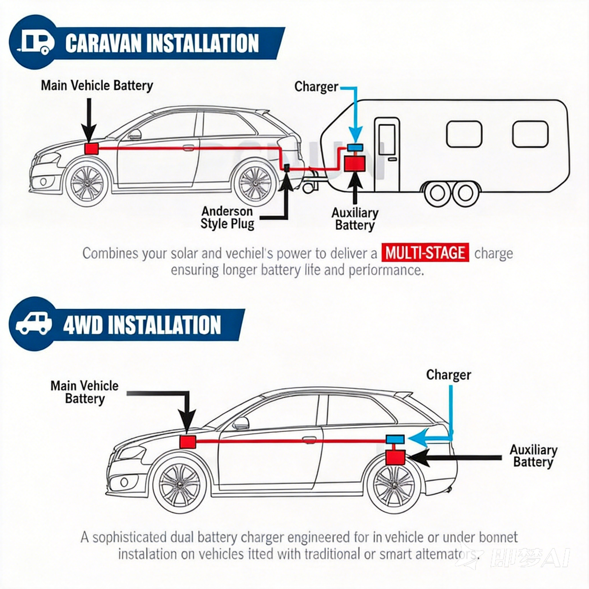NOEIFEVO Vandtæt DC 10-36V til 14,6V 29,2V 43,8V LiFePO4 lithium-batterioplader til autocampere, både, biler og dual-batteri-energilagringssystemer