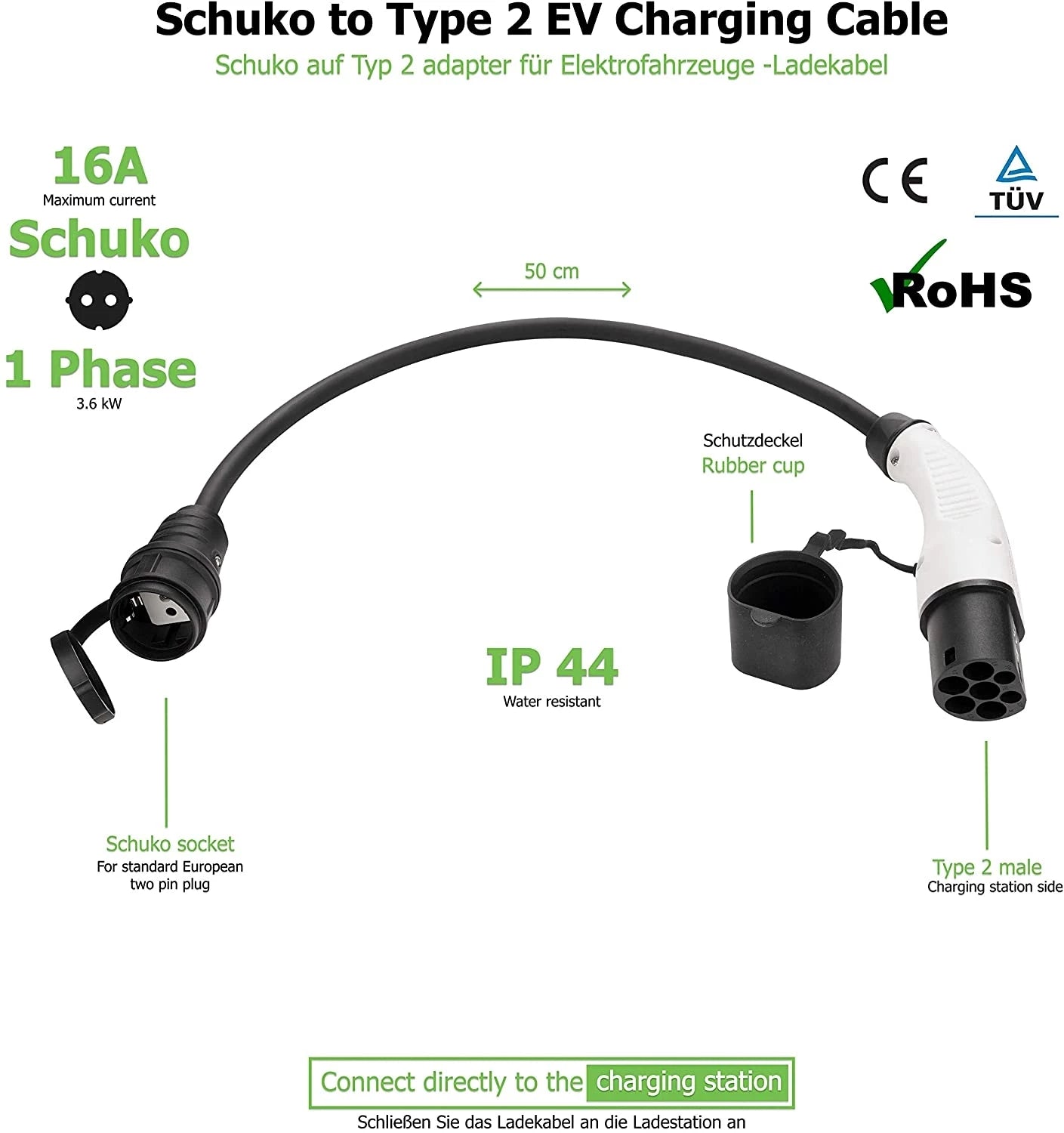 Type2 - Schuko-sovitin, 16A 1-vaiheinen Type 2 latauspistoke eurooppalaiseen kotitalouspistorasiaan.