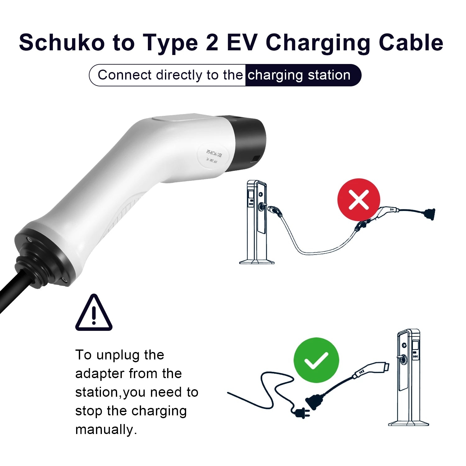 Typ2 till Schuko adapter, 16A 1fas Typ 2 laddningsplugg till europeiskt hushållsuttag